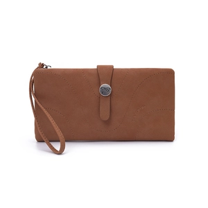 Portefeuille long en cuir PU marron avec surpiqûres et boucle métallique en forme de nœud