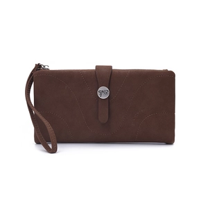 Détail du portefeuille long marron mat avec bouton pression libellule et dragonne