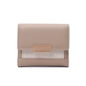 Close-up of a women's short wallet with gold buckle and textured snakeskin detail