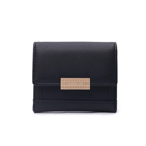 Close-up of black lychee leather short wallet featuring a luxury gold hardware buckle