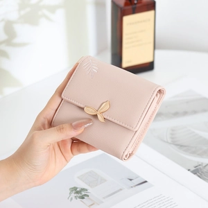 Short Trifold Wallet For Women PU Leather With Leaf Metal Buckle Embroidery Card Slots Zipper Coin Pocket Simple Elegant