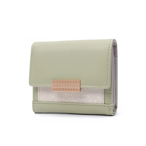 Three-fold mint green faux leather wallet with premium metal buckle and textured block