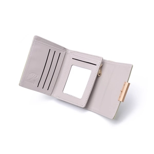 Three-fold leather wallet for women with card slots and zipper pocket in light grey