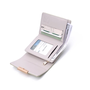 Internal view of women's tri-fold wallet showing card slots and zipper coin pocket