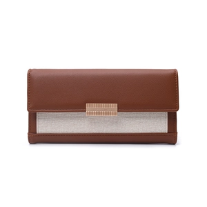 Detail view of brown pebbled leather and beige fabric wallet with a gold rectangular buckle