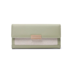 Close-up of trifold long wallet featuring litchi grain leather and beige fabric texture