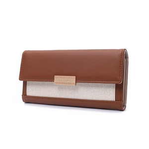 Women's long tri-fold wallet in brown litchi leather and beige canvas with gold buckle