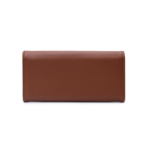 Detailed view of caramel pebble leather texture and stitching on long wallet