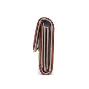 Detail view of foldable long wallet with contrast color layers and multi-slot interior