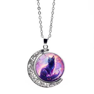 Vintage Hohler Mond Drehbarer Anhänger Halskette Zinklegierung Glas Cabochon Bemalte Fantasie Katze Sternenhimmel Schmuck Geschenk Für Damen