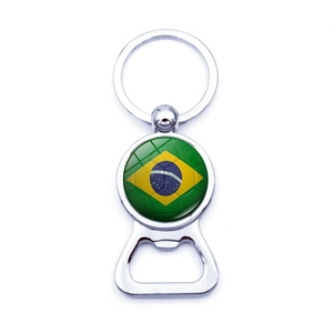 Silver metal football bottle opener keychain with Brazil flag glass dome design