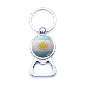 Detailed close-up of metal Argentina flag bottle opener keychain with a polished finish