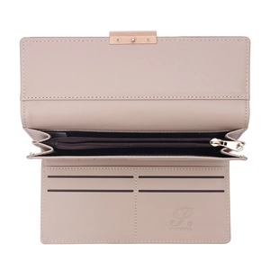 Women's long tri-fold wallet in beige PU leather with card slots and a metal buckle