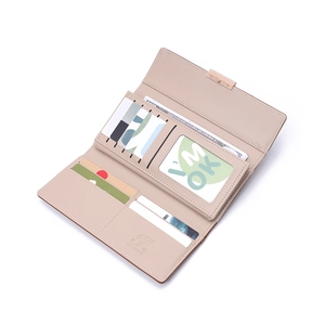 Long minimalist trifold women wallet in beige pink with multi-card slots and clear ID window