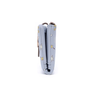 Close-up of light blue cross-grain PU wallet with cartoon toast patterns and gold buckle