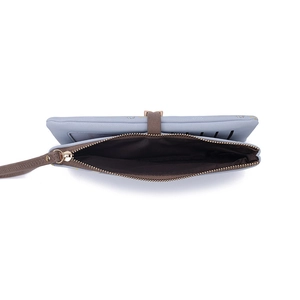 Light blue PU leather long zip wallet for women with wristlet strap and multiple card slots
