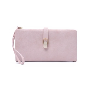 Detail of light pink frosted leather long wallet with wristlet strap and metal clasp