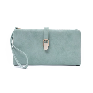 Detail of mint green long PU leather clutch wallet with wrist strap and gold buckle