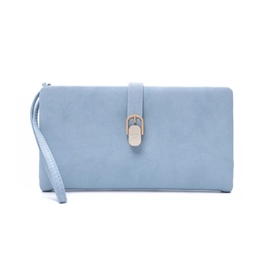 Detailed view of long PU leather wallet featuring light blue matte finish and metal buckle