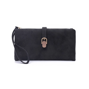 Detail of matte black long wallet with golden U-shaped metal buckle and wrist strap