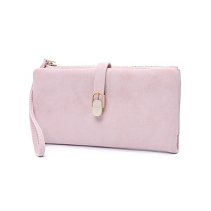 Slim frosted matte long wallet for women with gold zipper and wristlet strap in pink