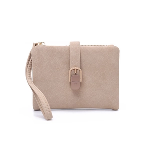 Detail of minimalist beige PU leather wallet featuring zipper and metal snap buckle
