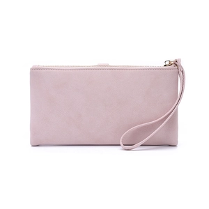 Minimalist dusty rose frosted long wallet with wristlet strap on a white background