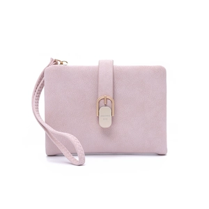 Detailed view of pink matte PU leather wallet with wristlet strap and U-shaped metal buckle
