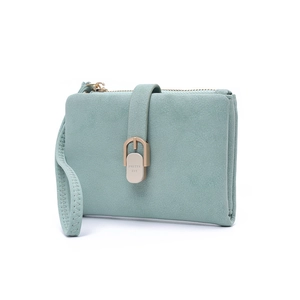 Minimalist mint green PU leather mini wallet with zipper closure and wrist strap
