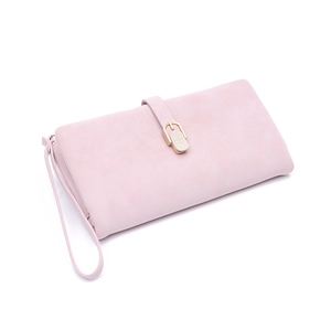 Detail of light pink frosted leather long wallet with buckle and golden metal fastener
