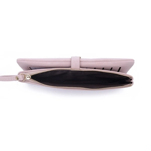 Women's long PU leather zipper wallet in pink with multiple card slots and wrist strap