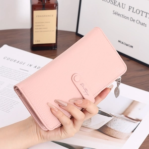 Pink long wallet with lychee pattern leather and delicate metal leaf zipper pendant