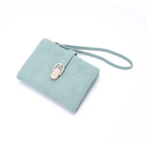 Detail of mint green matte PU leather mini wallet with metal buckle and wrist strap
