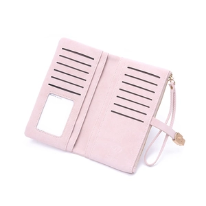 Long pink matte leather wallet for women with multi-card slots and wrist strap