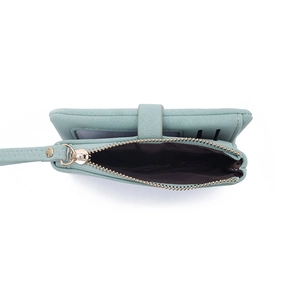 Short mint green PU leather zipper wallet with multiple card slots and wrist strap