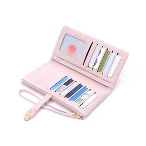 Pale pink long PU leather wallet for women with multi-card slots and wristlet strap