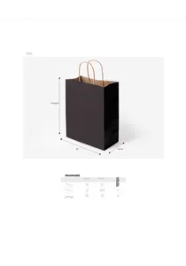 Size chart showing dimensions for small, medium, and large black kraft gift bags