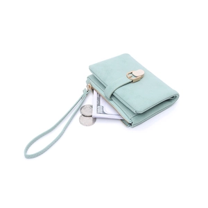 Short mint green PU leather wallet for women with zipper pocket and wristlet strap