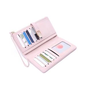 Detailed interior of pink long leather wallet showing multiple card slots and zip pocket