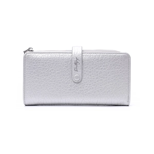 Detailed close-up of silver long wallet featuring lychee texture and Prettyzys logo strap