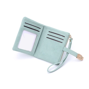 Internal structure of mint green PU wallet with multiple card slots and photo window
