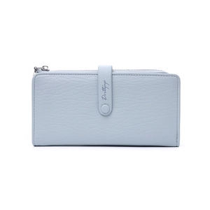 Detailed close-up of light blue litchi pattern leather wallet with zipper and snap strap