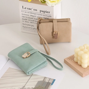Detail of matte PU leather wallets with vintage metal clasps and wrist straps