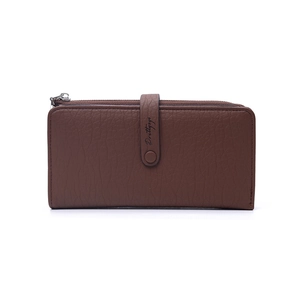 Detail of brown leather wallet with lychee texture and Prettyzys logo strap