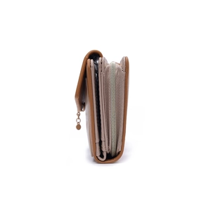 Profil latéral d'un portefeuille long marron montrant plusieurs compartiments et chaîne