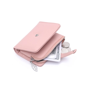 Women's pink short trifold wallet with lychee texture and leaf zipper detail
