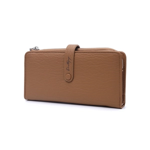 Side view of brown lychee grain leather wallet featuring metal zipper and snap closure