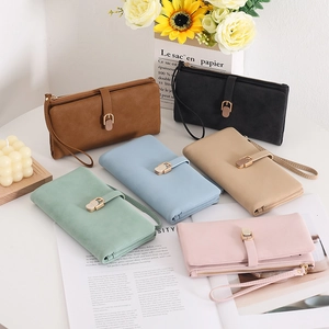 Selection of long frosted matte wallets with metal buckle and wristlet in various colors