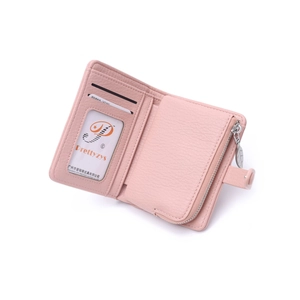 Pink lychee texture short tri-fold wallet for women with leaf zipper and card slots