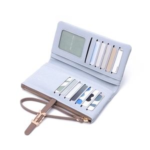 Light blue long bifold wallet with multi-card slots and a large zipper pocket